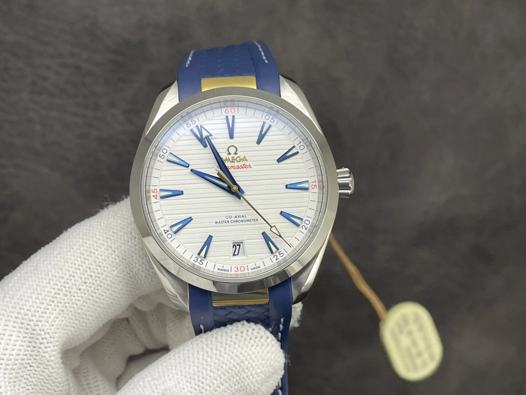 WeatherProof CBD Factory Omega Seamaster Aqua Terra 150M 41mm Silvery-White Teak Dial with Blued Markers, Red Accents, and 18K Yellow Gold Plated Seconds Hand Blue Rubber Strap(220.12.41.21.02.004) 1:1 Super Clone – Dandong 8900 Movement 269
